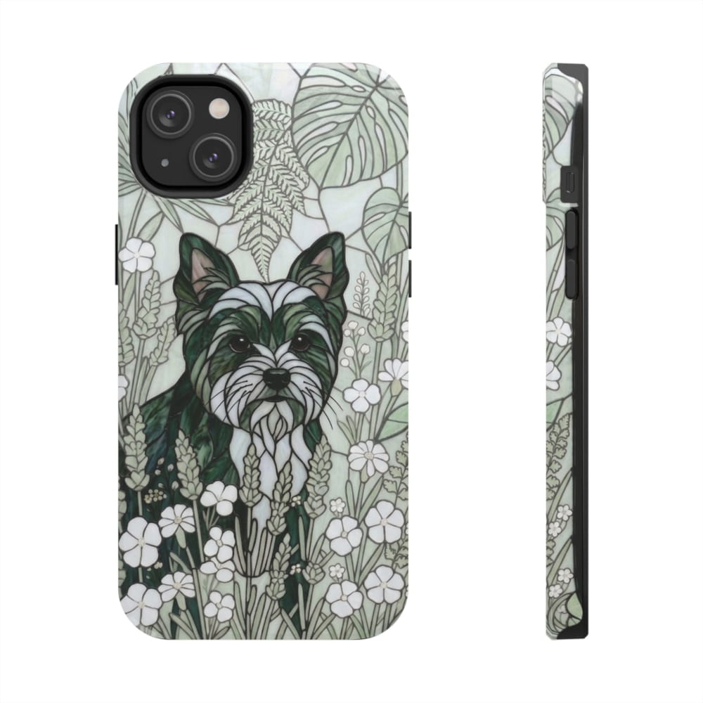 Yorkie Stained Glass Style Tough Case, Botanical Green Theme - iPhone 14 Plus - Phone Case
