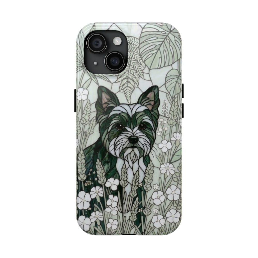 Yorkie Stained Glass Style Tough Case, Botanical Green Theme - iPhone 15 - Phone Case
