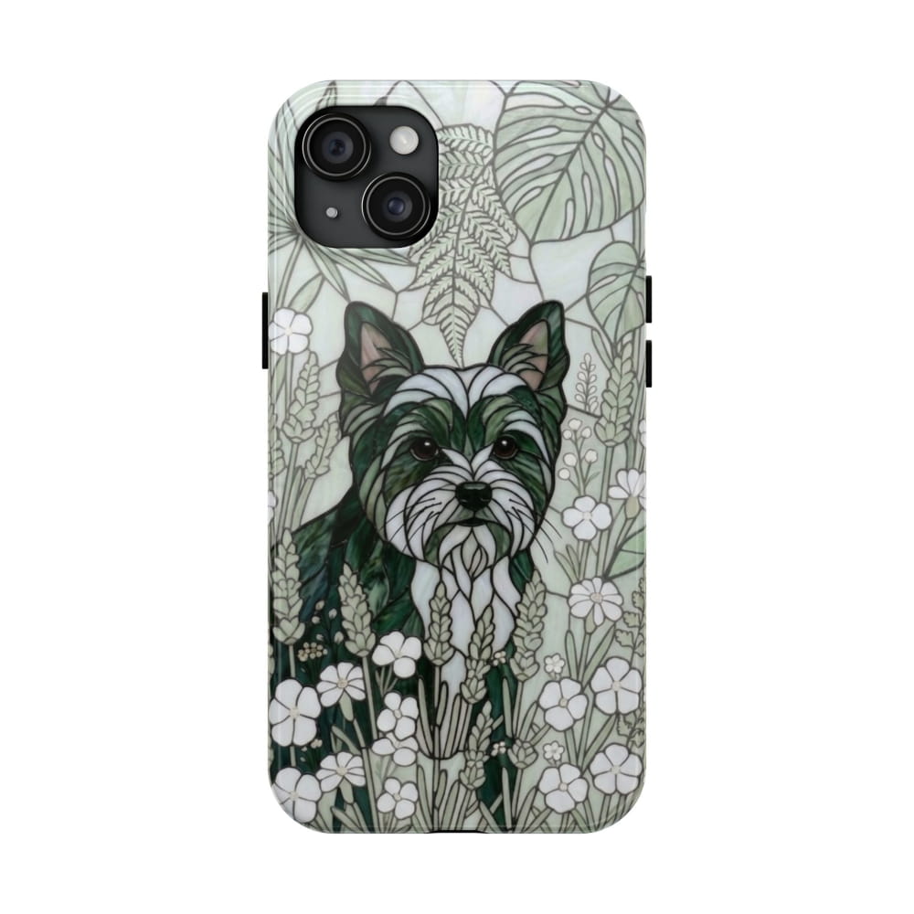 Yorkie Stained Glass Style Tough Case, Botanical Green Theme - iPhone 15 Plus - Phone Case