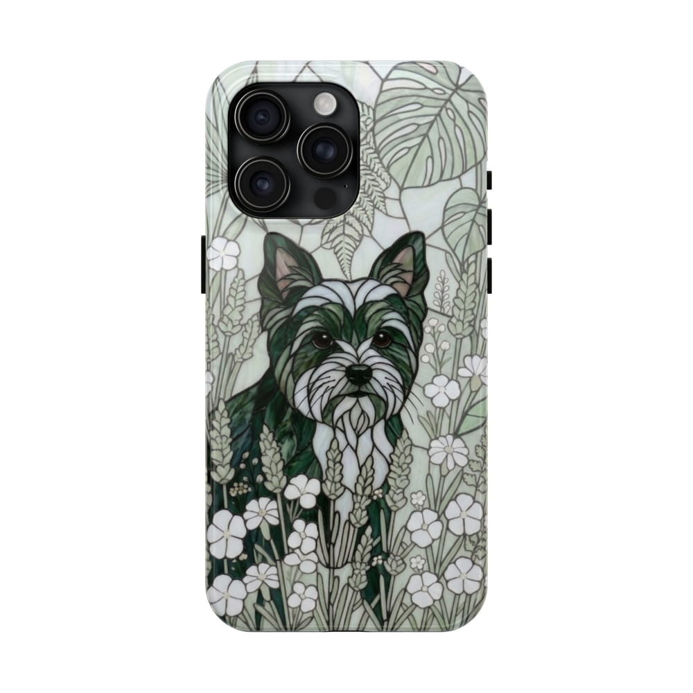 Yorkie Stained Glass Style Tough Case, Botanical Green Theme - iPhone 15 Pro Max - Phone Case