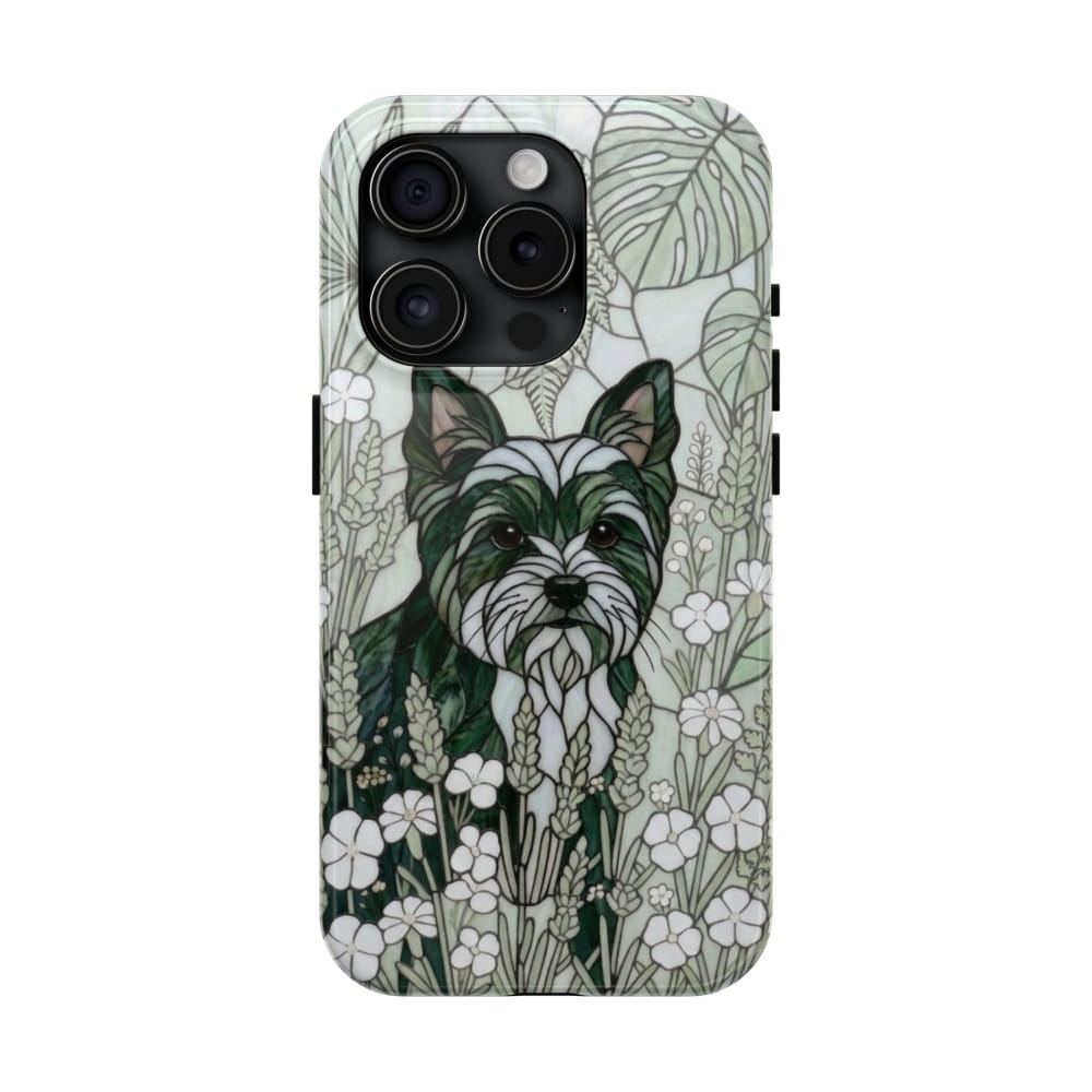 Yorkie Stained Glass Style Tough Case, Botanical Green Theme - iPhone 15 Pro - Phone Case
