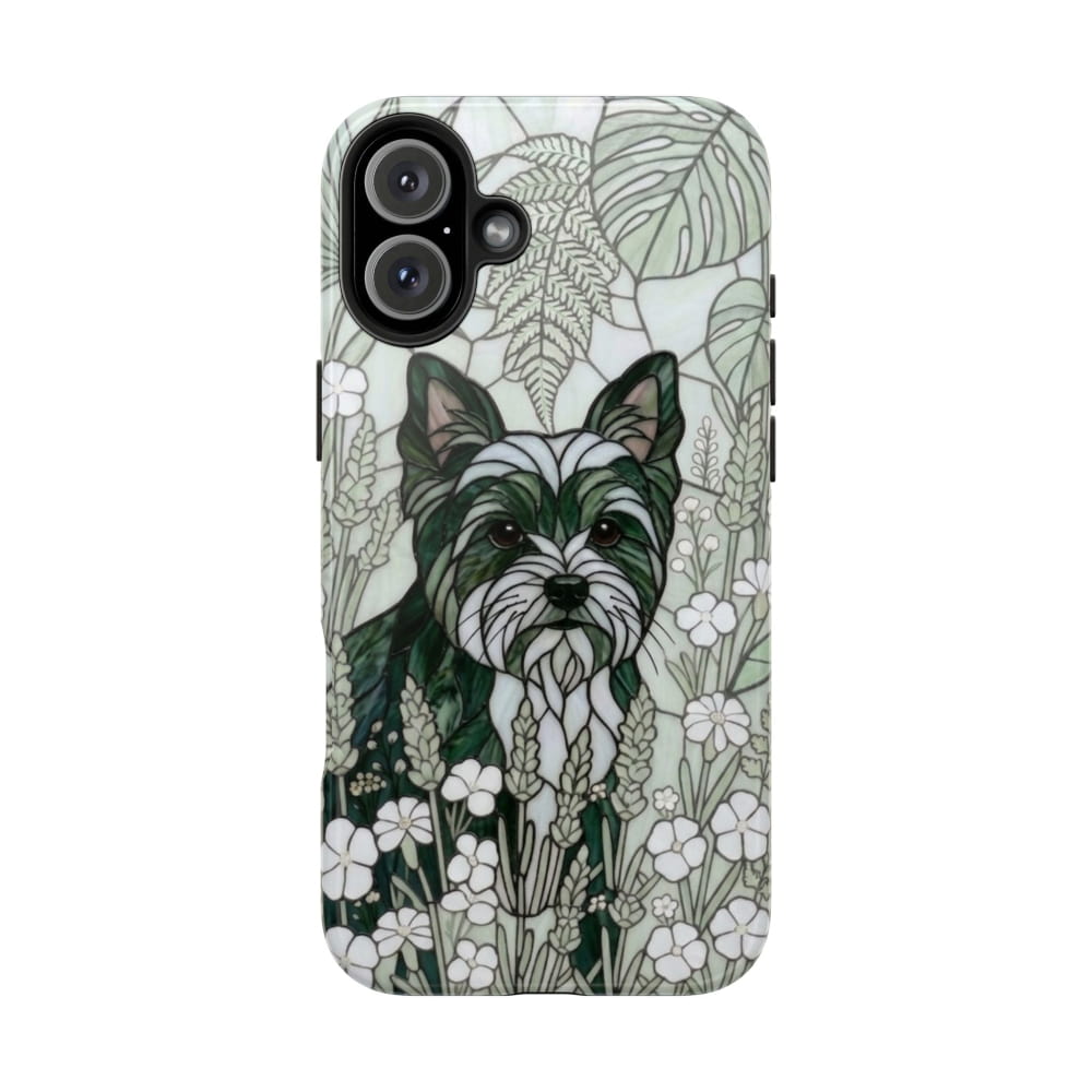 Yorkie Stained Glass Style Tough Case, Botanical Green Theme - iPhone 16 Plus - Phone Case