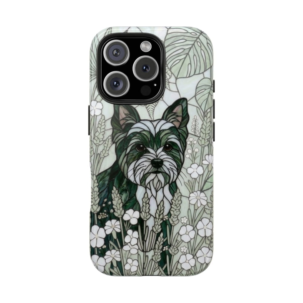 Yorkie Stained Glass Style Tough Case, Botanical Green Theme - iPhone 16 Pro - Phone Case