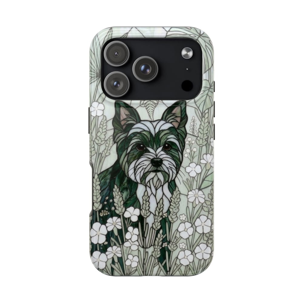 Yorkie Stained Glass Style Tough Case, Botanical Green Theme - iPhone 17 Pro - Phone Case