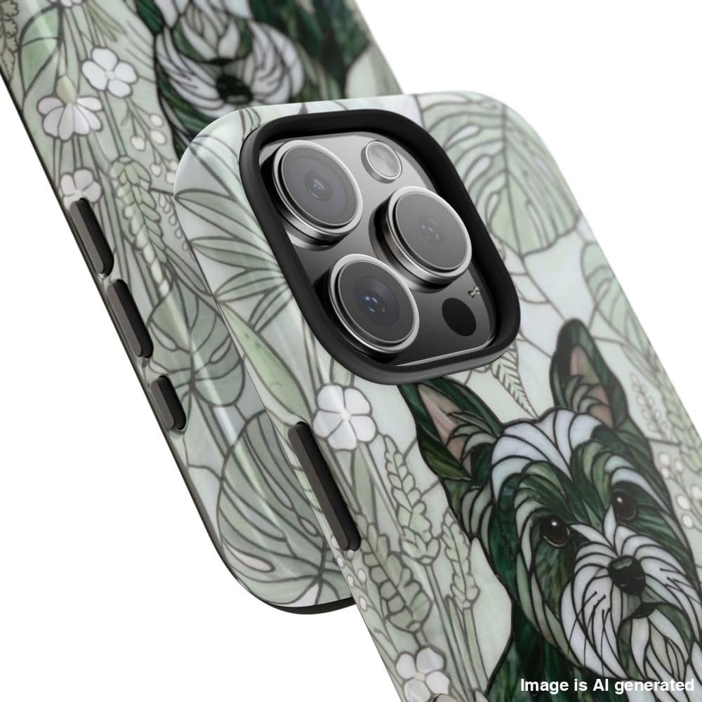 Yorkie Stained Glass Style Tough Case, Botanical Green Theme - Phone Case