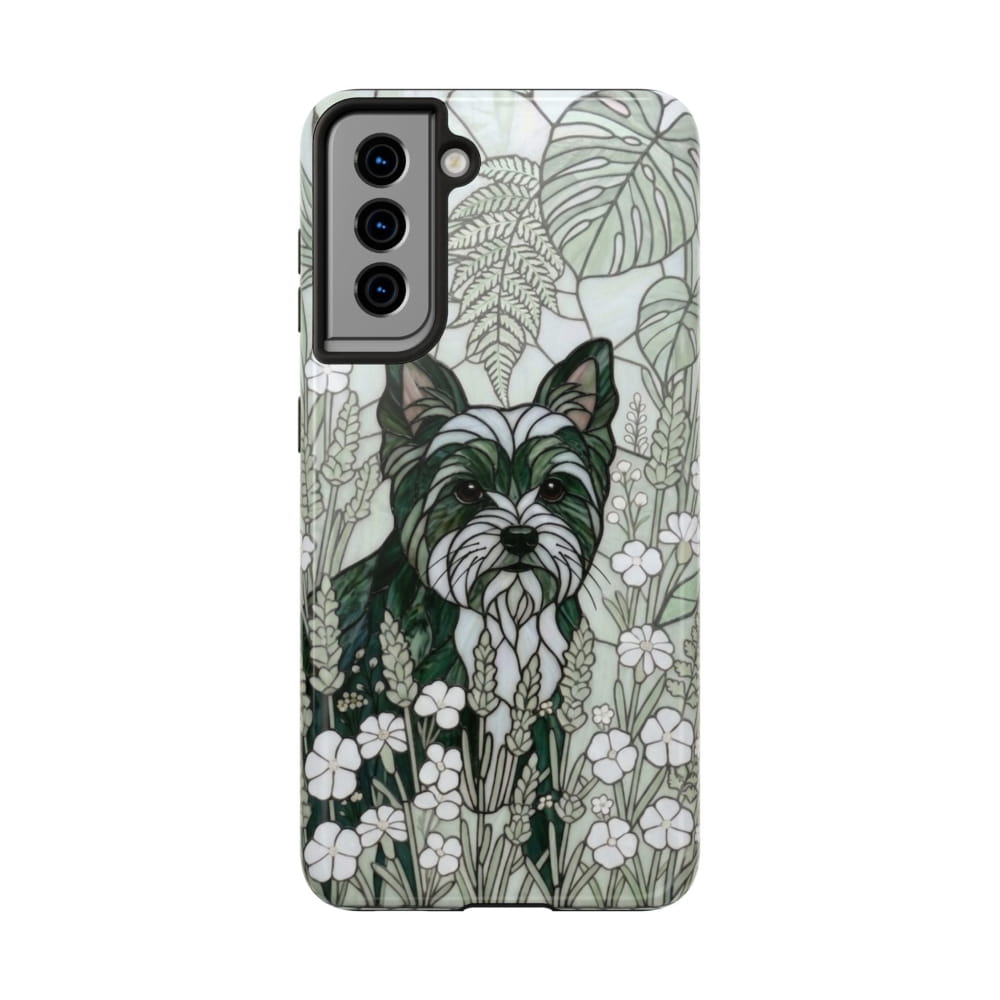 Yorkie Stained Glass Style Tough Case, Botanical Green Theme - Samsung Galaxy S21 - Phone Case