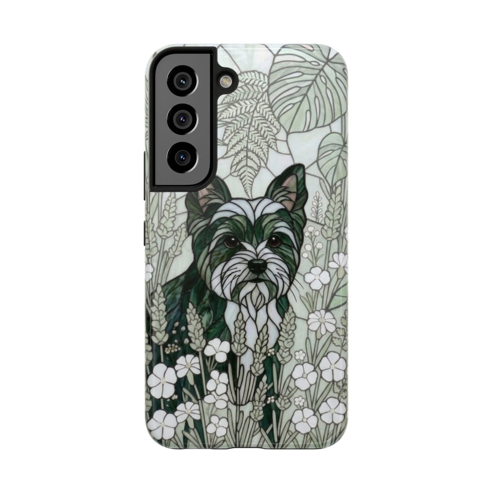 Yorkie Stained Glass Style Tough Case, Botanical Green Theme - Samsung Galaxy S22 - Phone Case