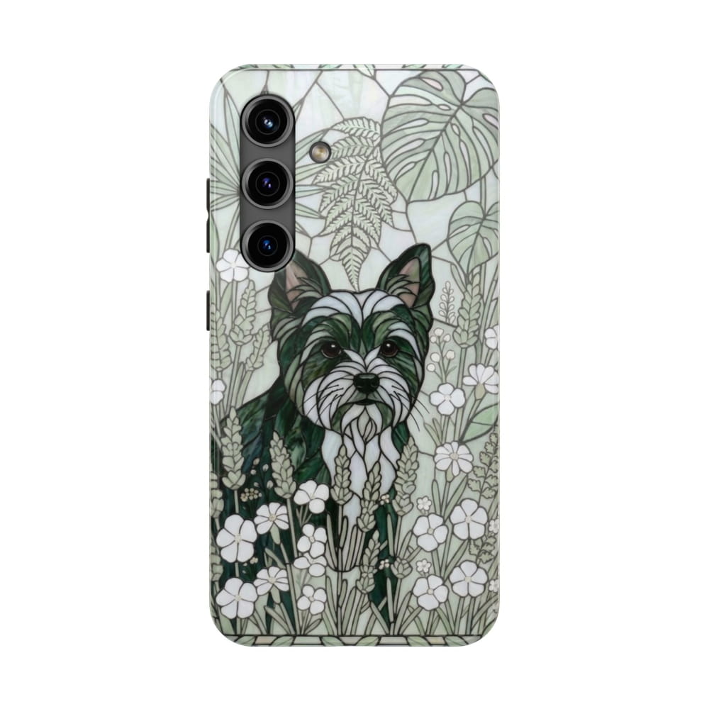 Yorkie Stained Glass Style Tough Case, Botanical Green Theme - Samsung Galaxy S24 - Phone Case
