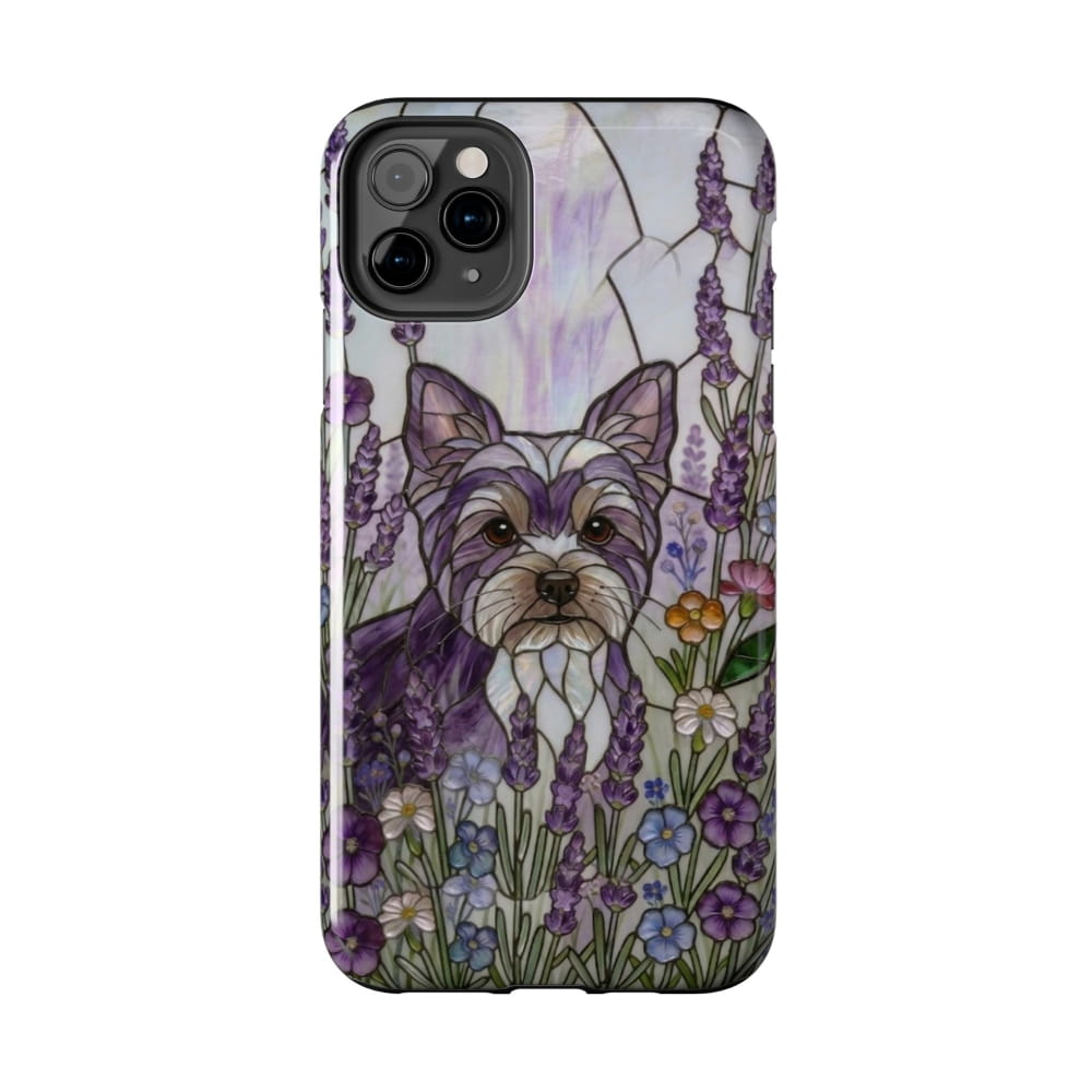 Phone case with a dog illustration and floral design on a white background