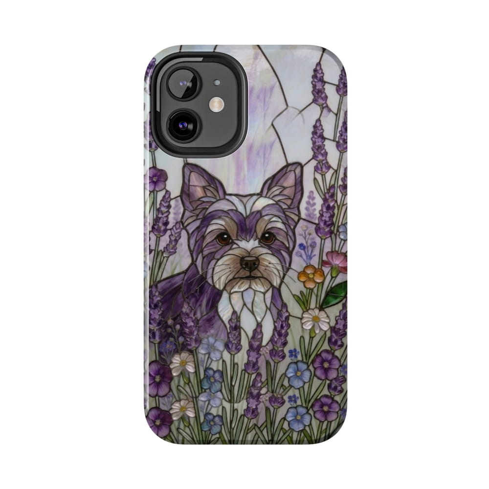 Yorkie Stained Glass Style Tough Case, Lavender Floral Theme - iPhone 12 Mini - Phone Case