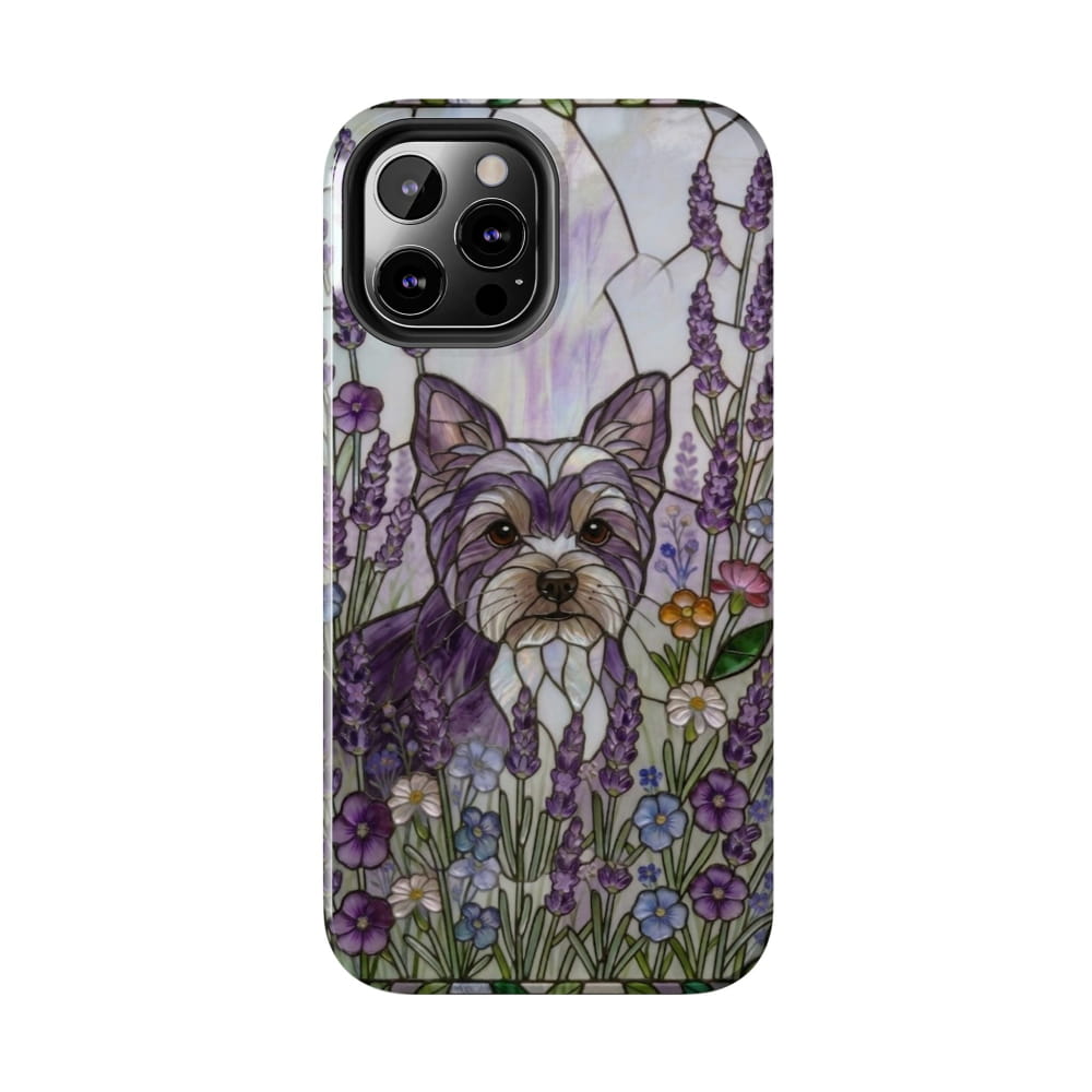 Yorkie Stained Glass Style Tough Case, Lavender Floral Theme - iPhone 12 Pro Max - Phone Case