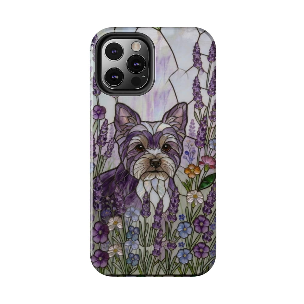 Yorkie Stained Glass Style Tough Case, Lavender Floral Theme - iPhone 12 Pro - Phone Case