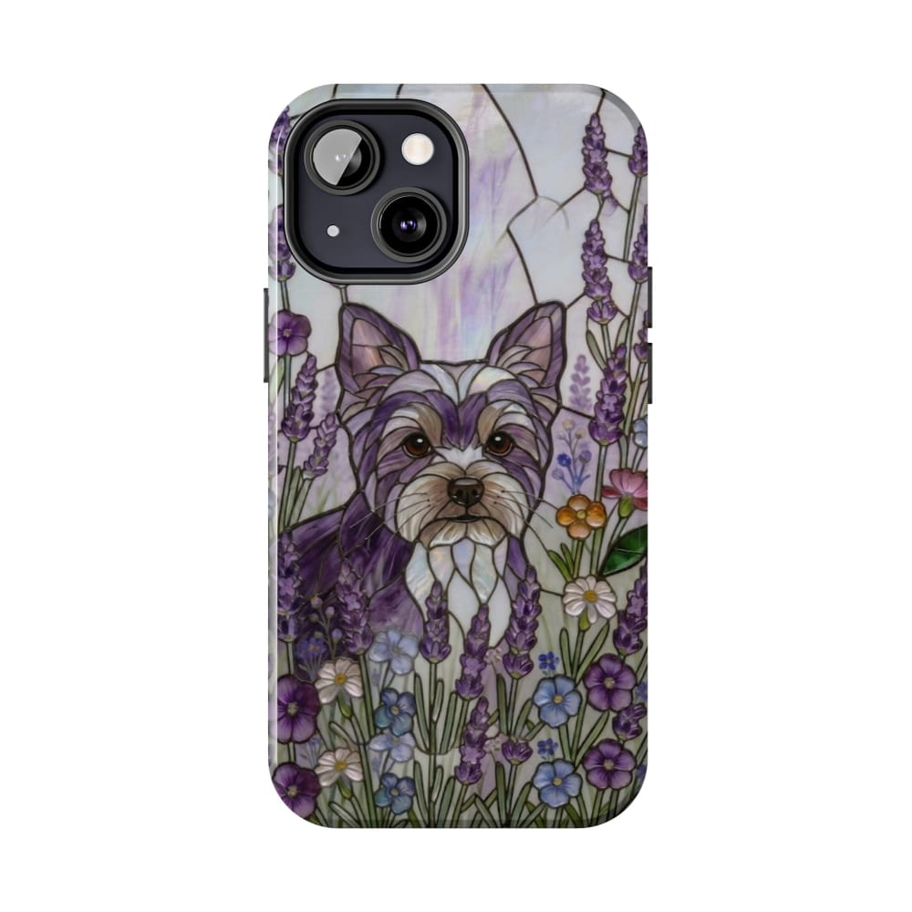 Yorkie Stained Glass Style Tough Case, Lavender Floral Theme - iPhone 13 Mini - Phone Case