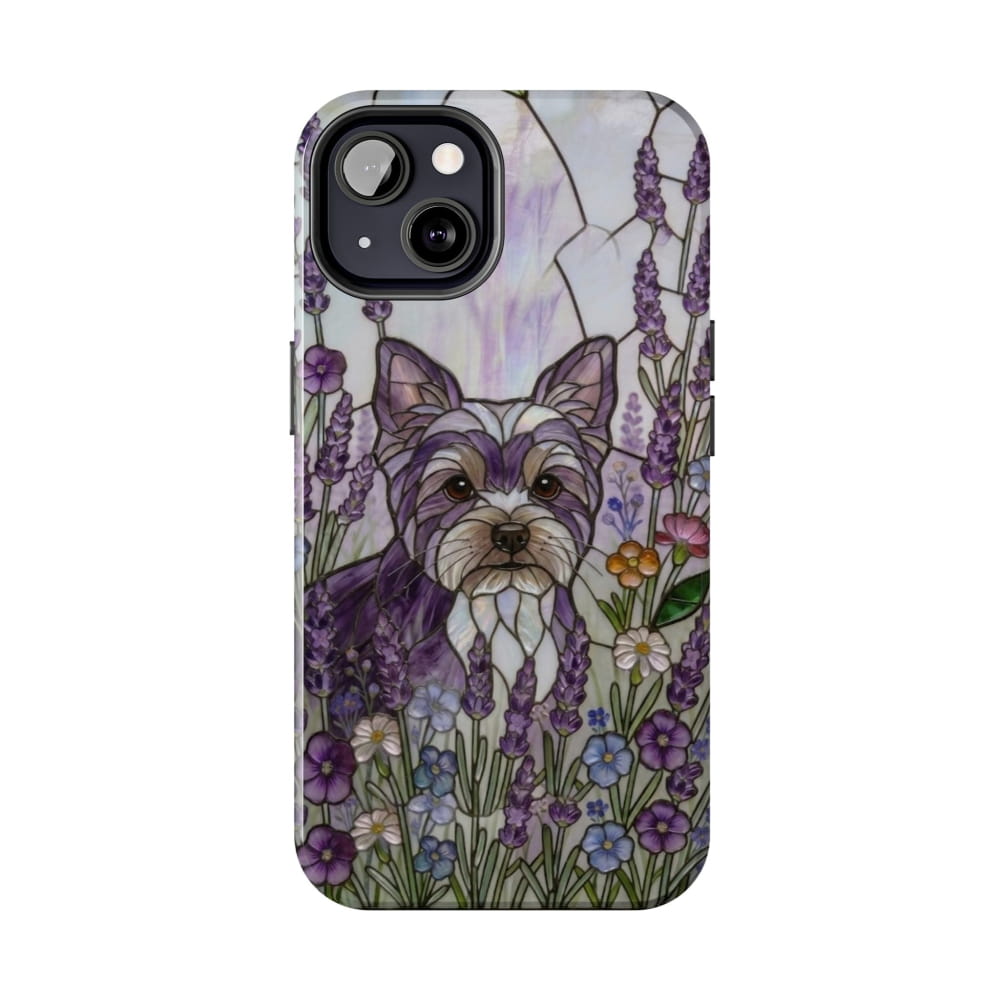 Yorkie Stained Glass Style Tough Case, Lavender Floral Theme - iPhone 13 - Phone Case