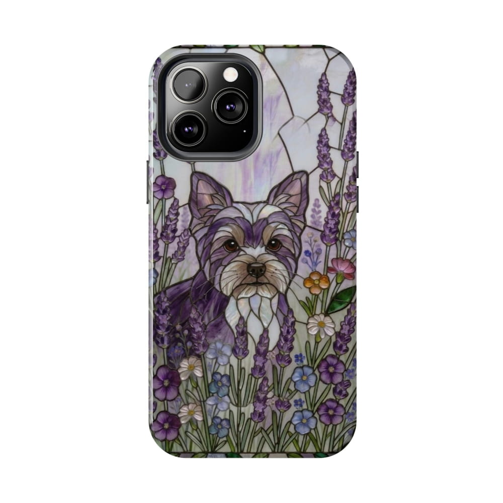 Yorkie Stained Glass Style Tough Case, Lavender Floral Theme - iPhone 13 Pro Max - Phone Case