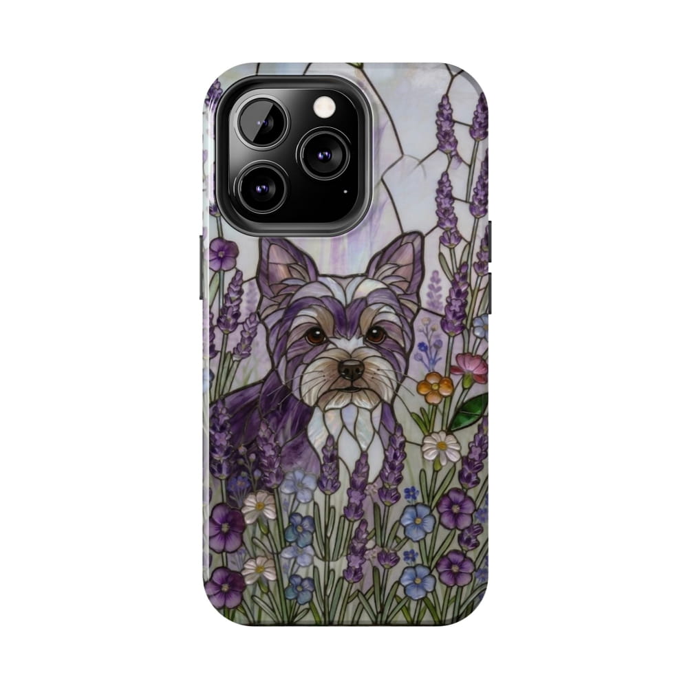 Yorkie Stained Glass Style Tough Case, Lavender Floral Theme - iPhone 13 Pro - Phone Case