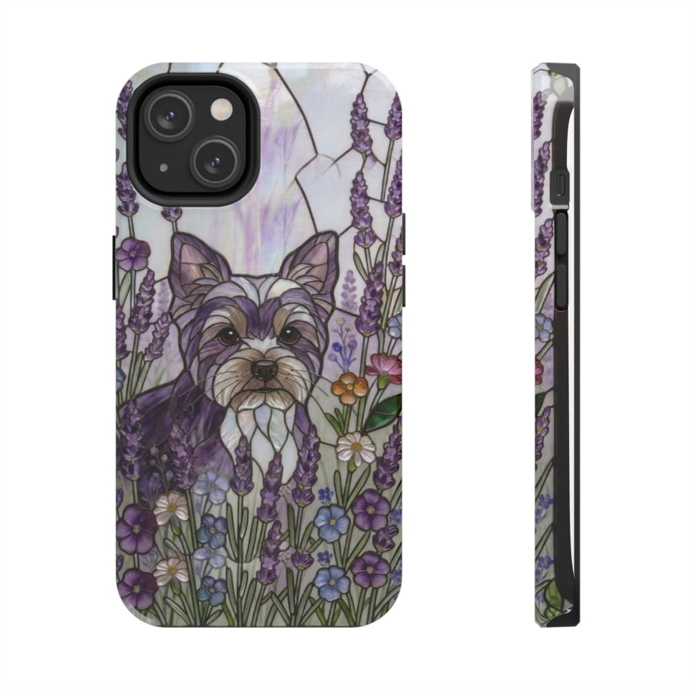 Phone case with a dog and floral design on a white background