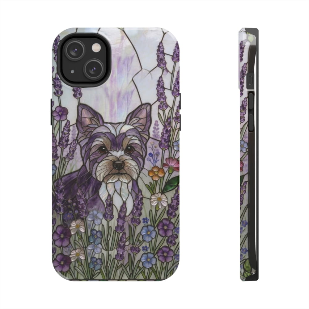 Yorkie Stained Glass Style Tough Case, Lavender Floral Theme - iPhone 14 Plus - Phone Case