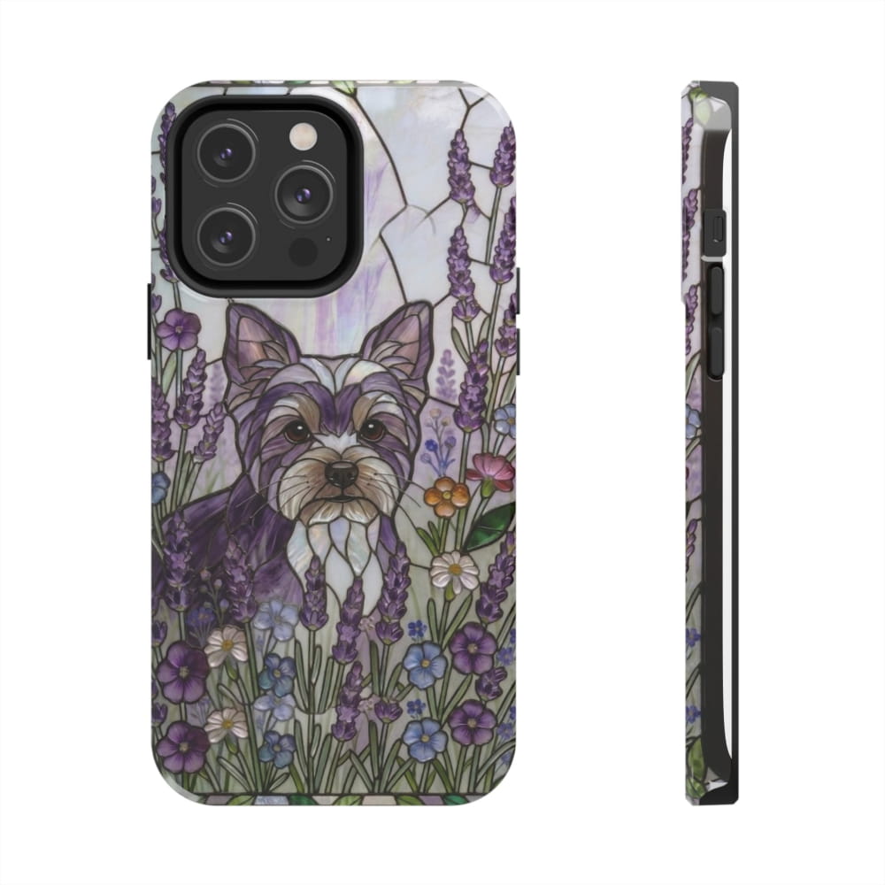 Yorkie Stained Glass Style Tough Case, Lavender Floral Theme - iPhone 14 Pro Max - Phone Case