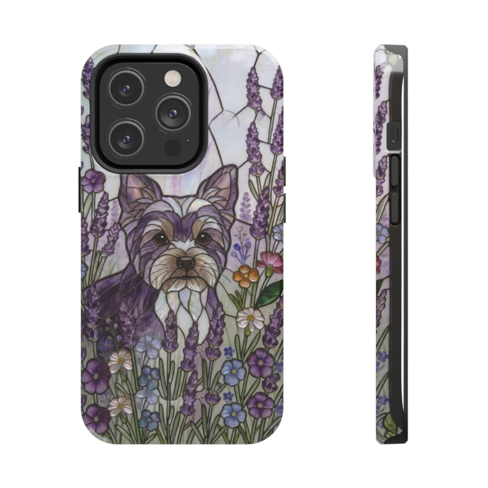 Yorkie Stained Glass Style Tough Case, Lavender Floral Theme - iPhone 14 Pro - Phone Case
