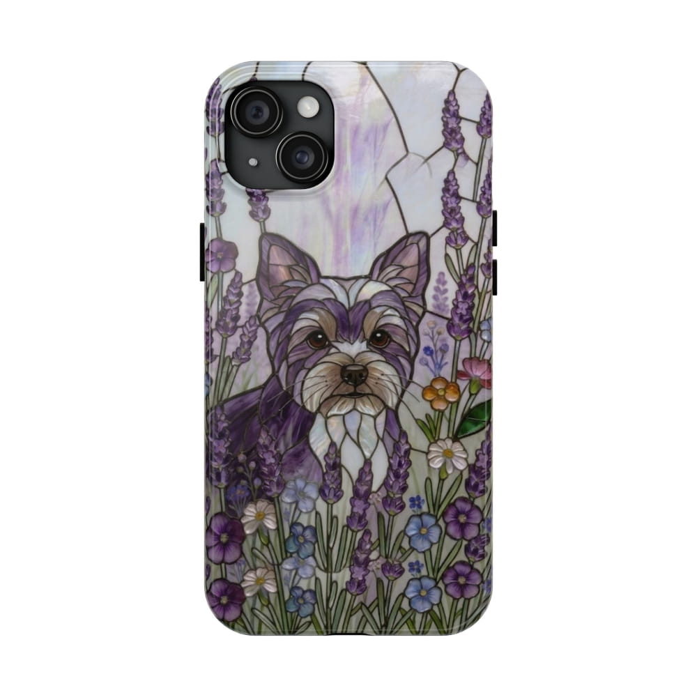 Yorkie Stained Glass Style Tough Case, Lavender Floral Theme - iPhone 15 Plus - Phone Case