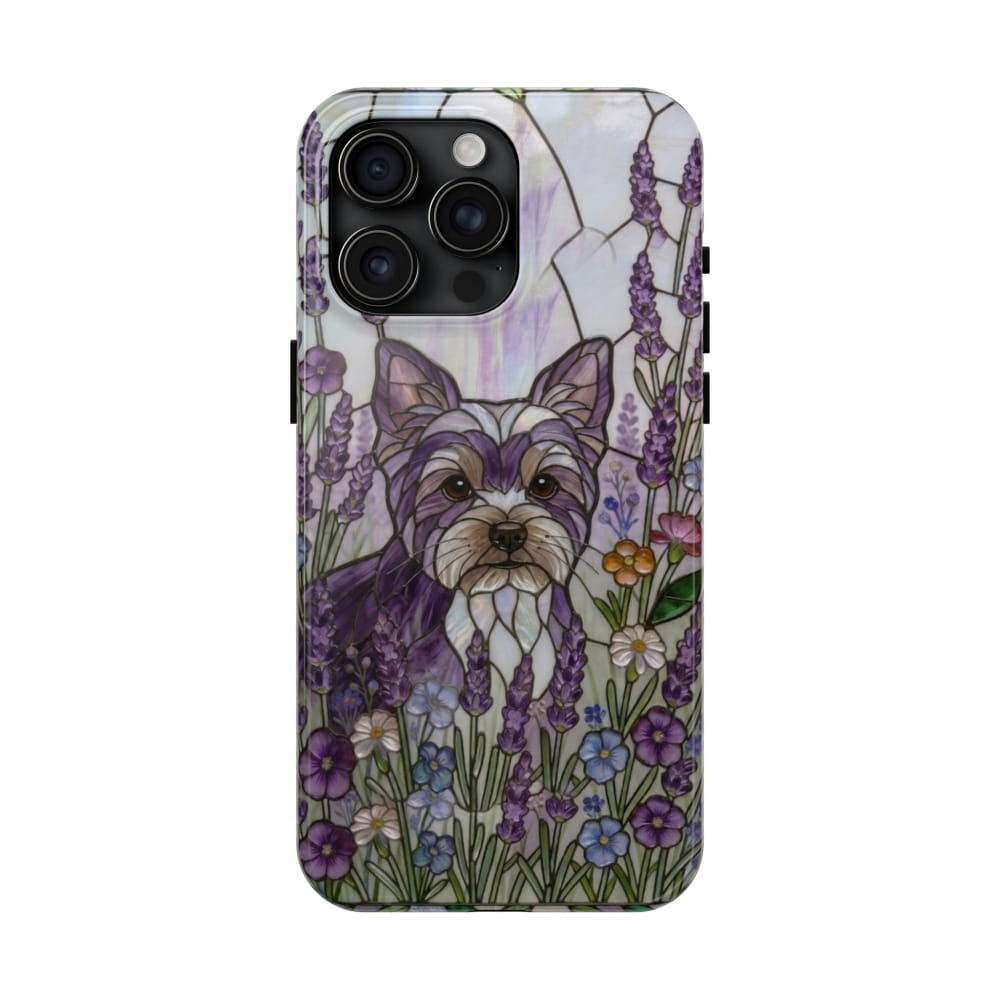 Yorkie Stained Glass Style Tough Case, Lavender Floral Theme - iPhone 15 Pro Max - Phone Case
