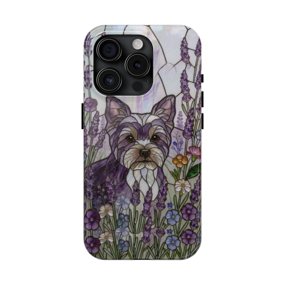 Yorkie Stained Glass Style Tough Case, Lavender Floral Theme - iPhone 15 Pro - Phone Case