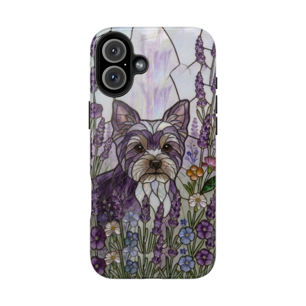 Yorkie Stained Glass Style Tough Case, Lavender Floral Theme - iPhone 16 Plus - Phone Case
