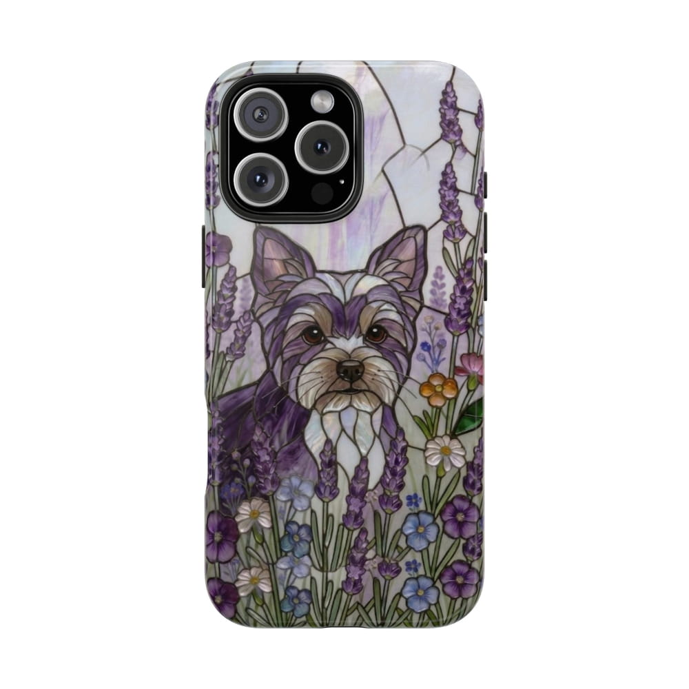 Yorkie Stained Glass Style Tough Case, Lavender Floral Theme - iPhone 16 Pro Max - Phone Case