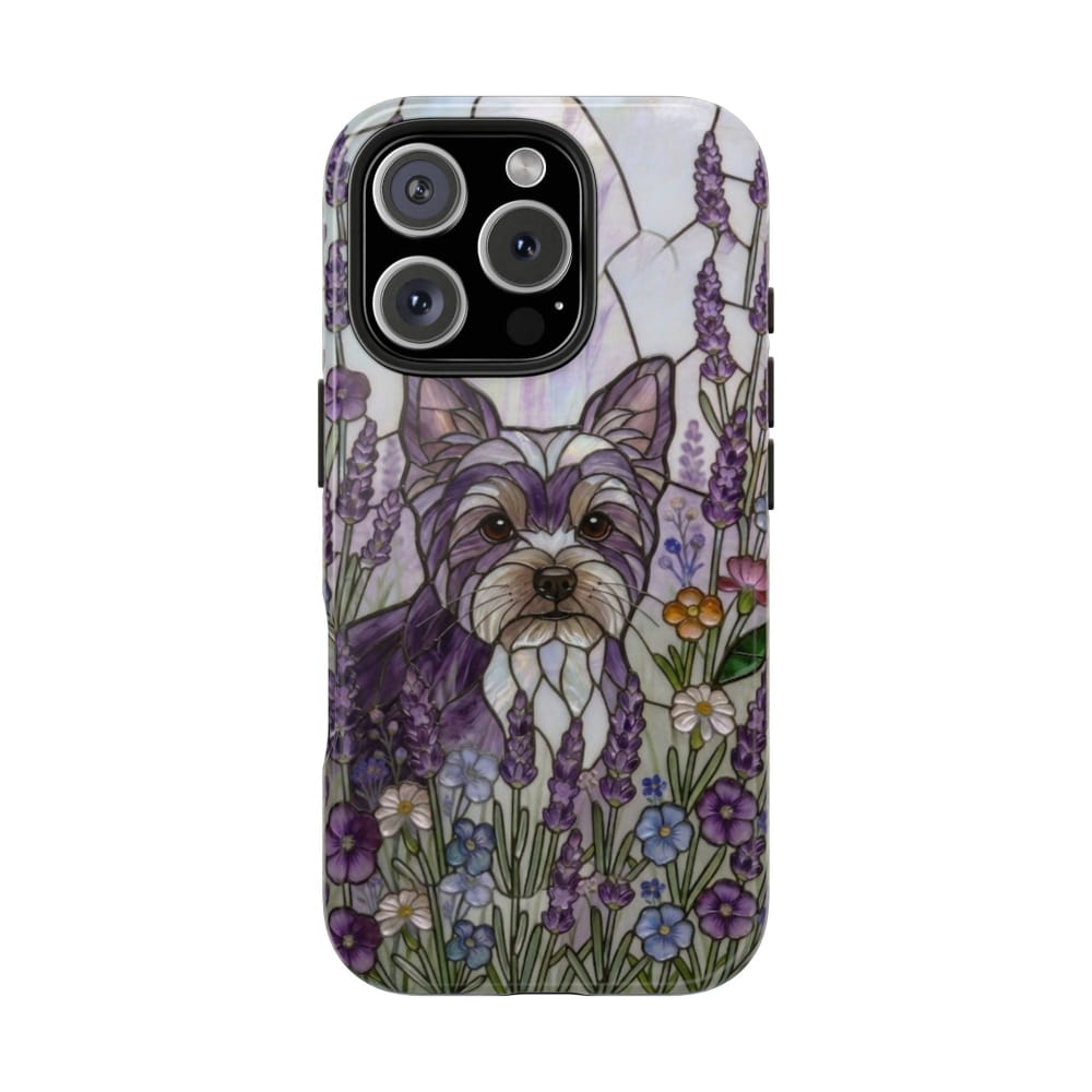 Yorkie Stained Glass Style Tough Case, Lavender Floral Theme - iPhone 16 Pro - Phone Case