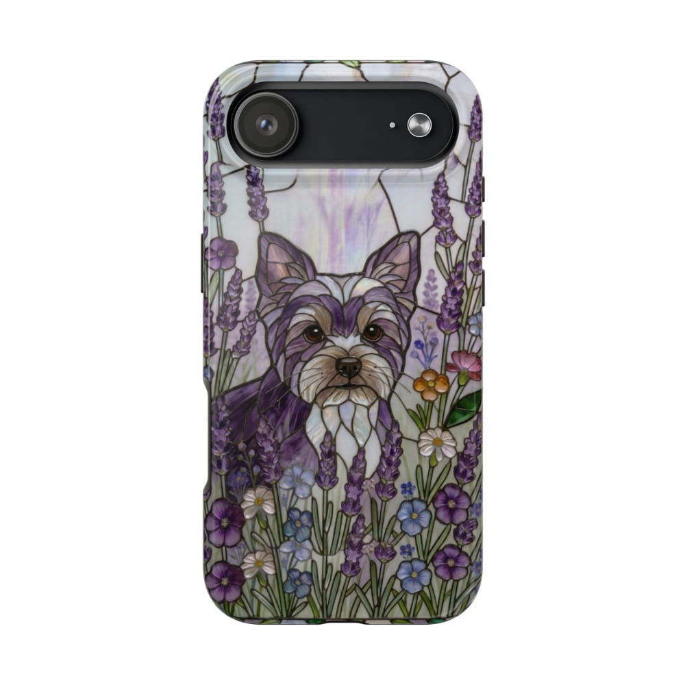Yorkie Stained Glass Style Tough Case, Lavender Floral Theme - iPhone 17 Air - Phone Case