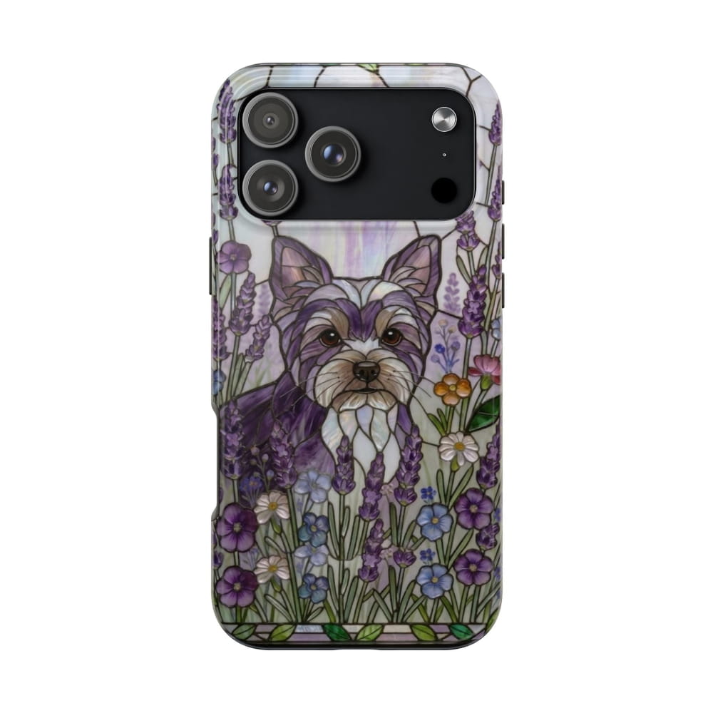 Yorkie Stained Glass Style Tough Case, Lavender Floral Theme - iPhone 17 Pro Max - Phone Case