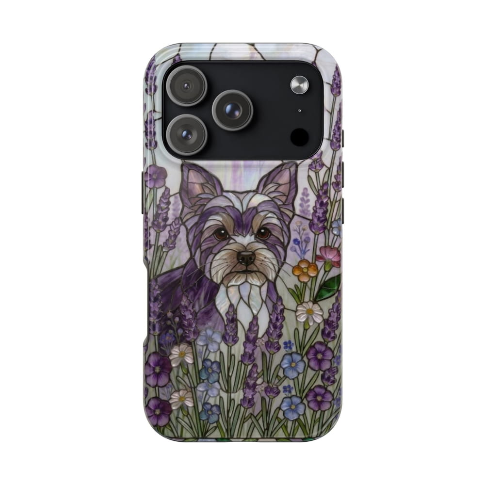 Yorkie Stained Glass Style Tough Case, Lavender Floral Theme - iPhone 17 Pro - Phone Case