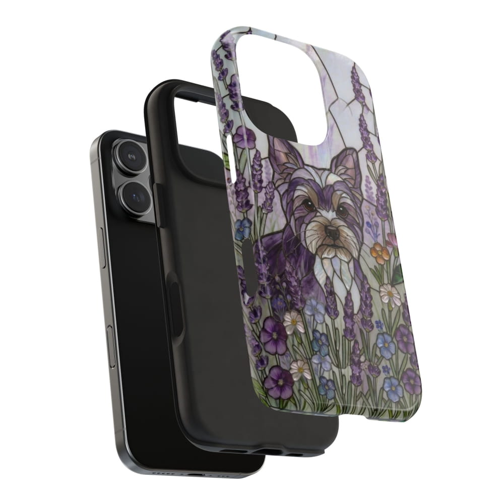 Yorkie Stained Glass Style Tough Case, Lavender Floral Theme - Phone Case