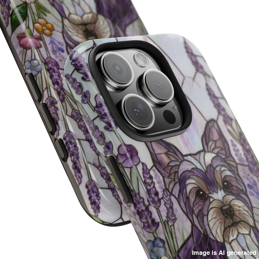 Yorkie Stained Glass Style Tough Case, Lavender Floral Theme - Phone Case