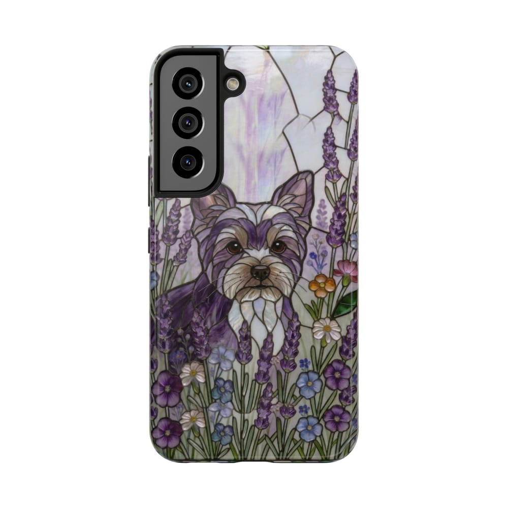 Yorkie Stained Glass Style Tough Case, Lavender Floral Theme - Samsung Galaxy S22 - Phone Case