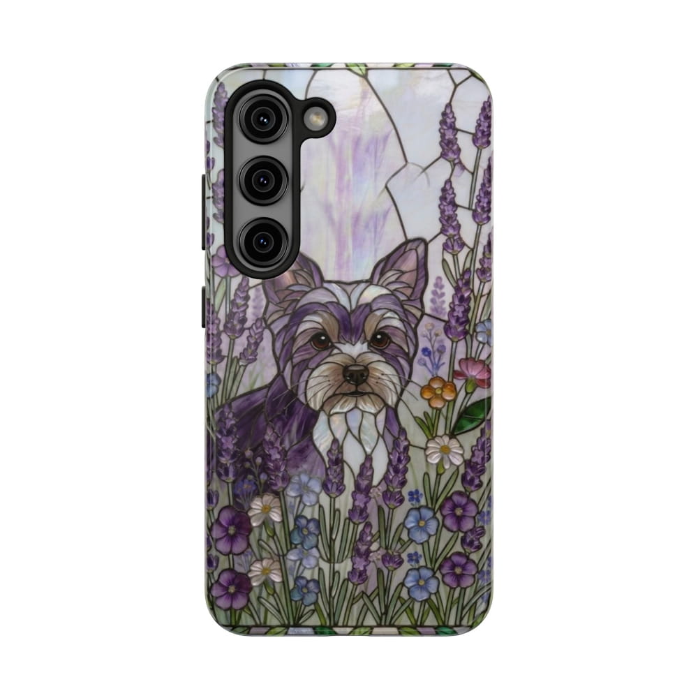 Yorkie Stained Glass Style Tough Case, Lavender Floral Theme - Samsung Galaxy S23 - Phone Case