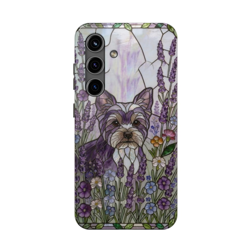 Yorkie Stained Glass Style Tough Case, Lavender Floral Theme - Samsung Galaxy S24 - Phone Case