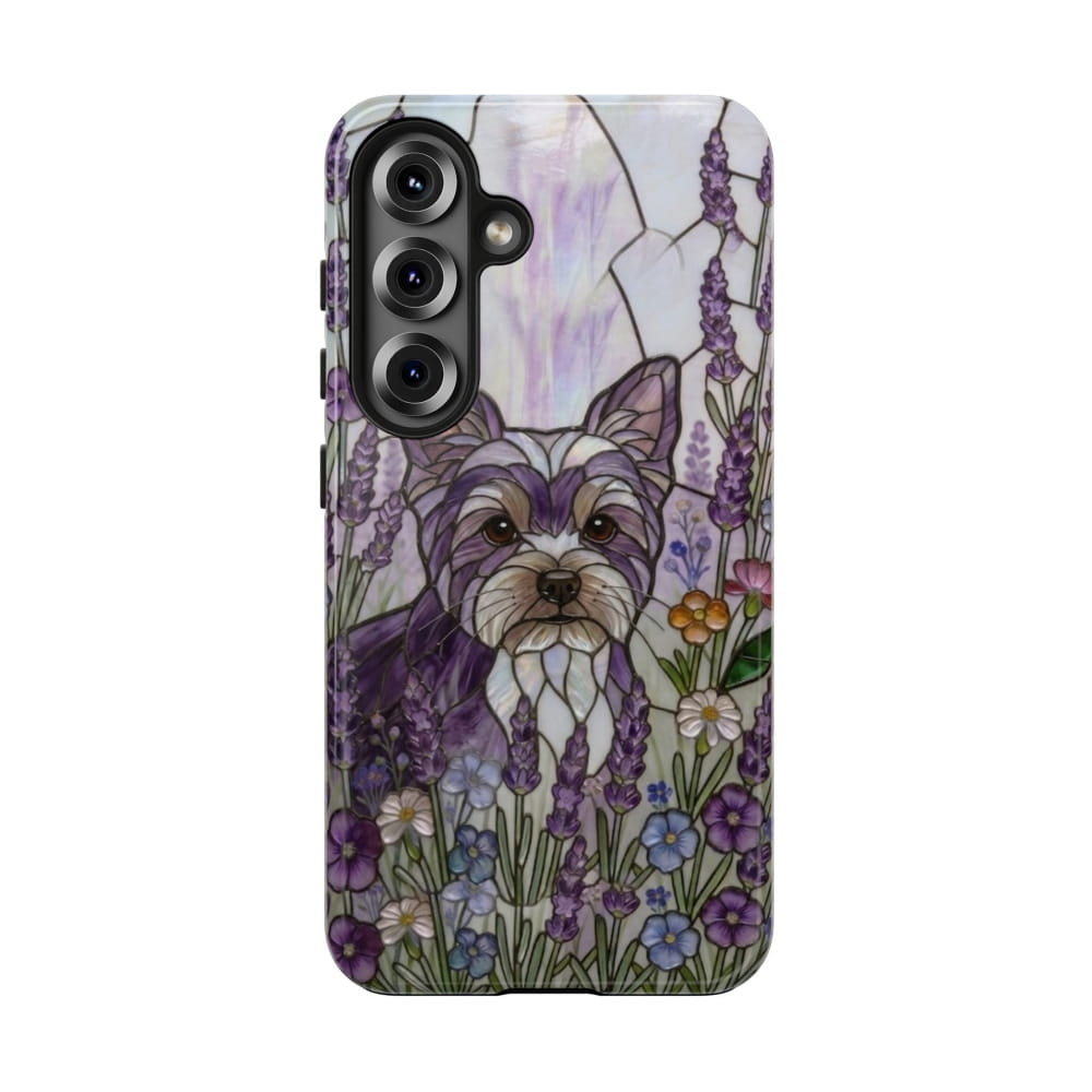 Yorkie Stained Glass Style Tough Case, Lavender Floral Theme - Samsung Galaxy S25 - Phone Case