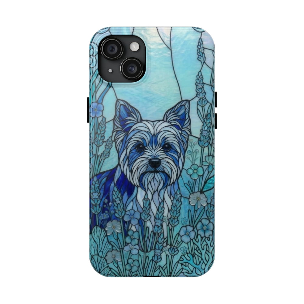 Yorkie Stained Glass Style Tough Case, Ocean Blue Theme - iPhone 15 Plus - Phone Case