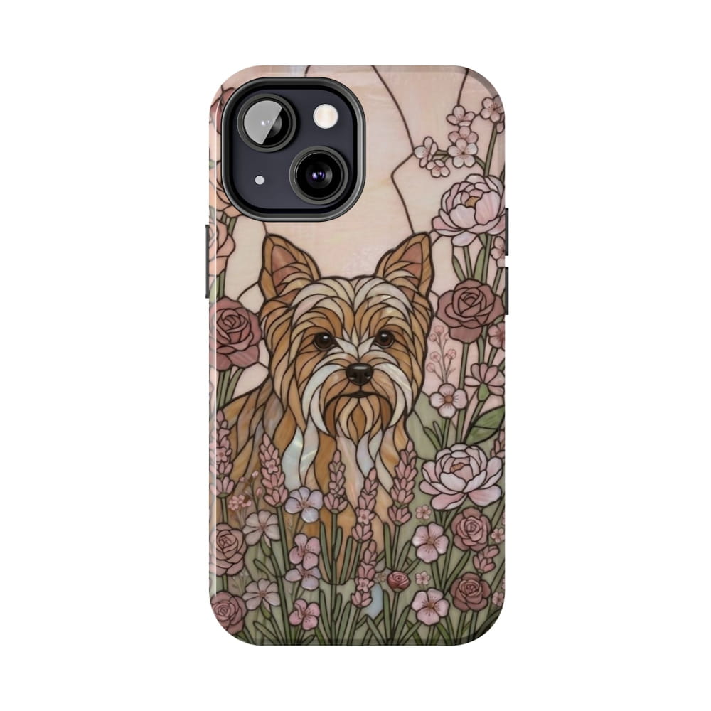 Yorkie Stained Glass Style Tough Case, Rose Garden Theme - iPhone 13 Mini - Phone Case