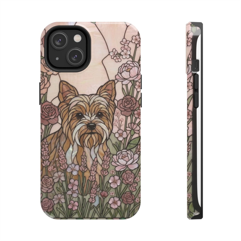 Yorkie Stained Glass Style Tough Case, Rose Garden Theme - iPhone 14 - Phone Case