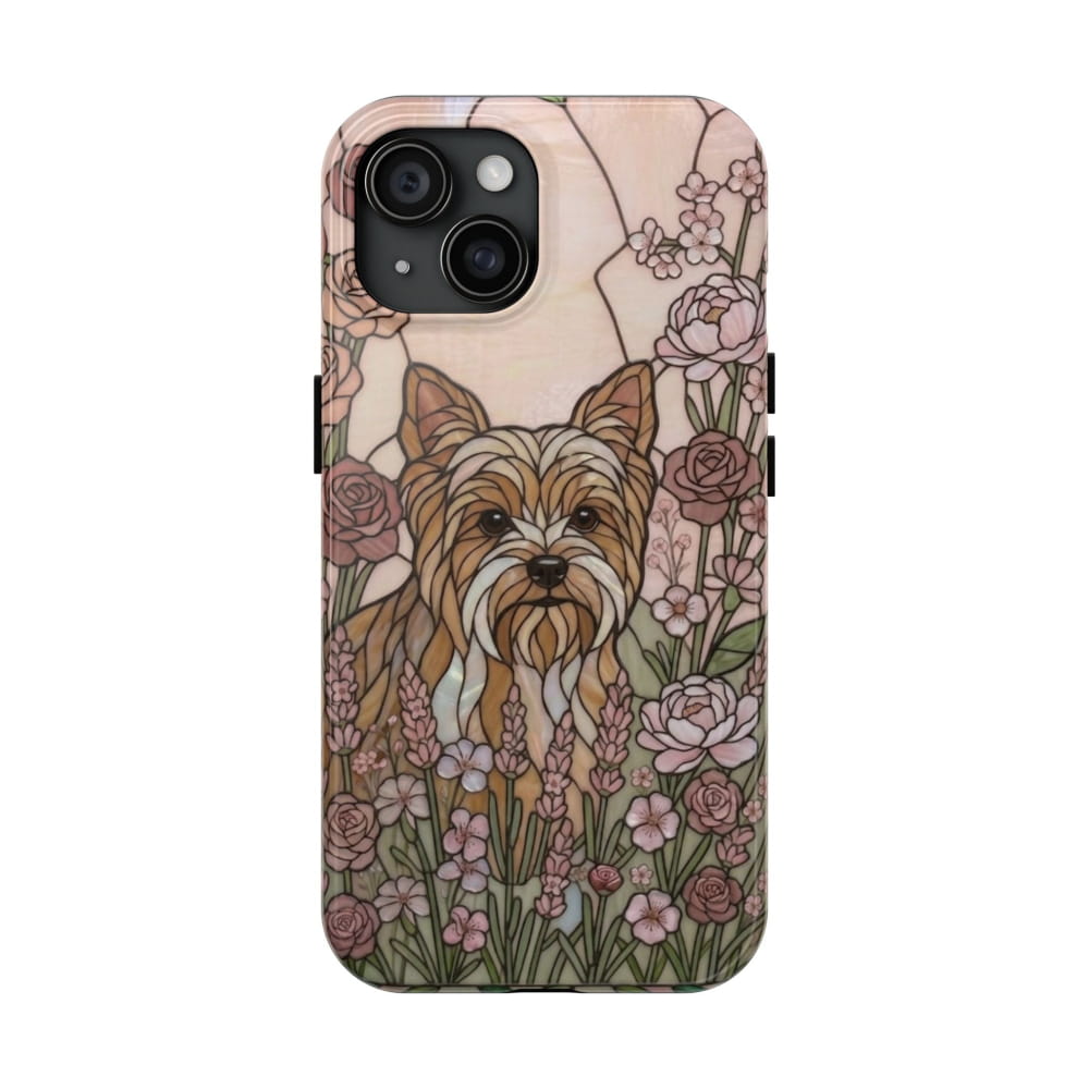 Yorkie Stained Glass Style Tough Case, Rose Garden Theme - iPhone 15 - Phone Case