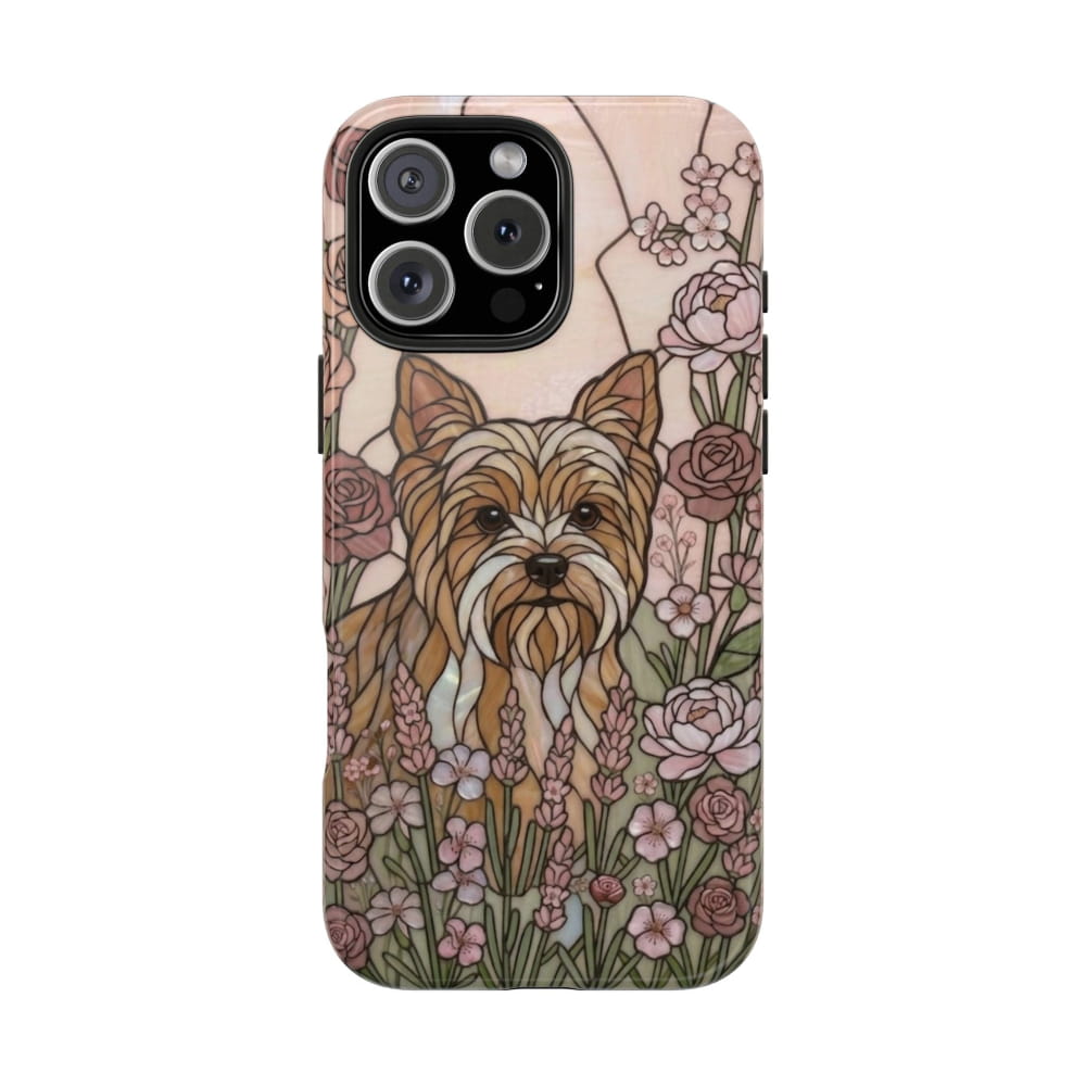 Yorkie Stained Glass Style Tough Case, Rose Garden Theme - iPhone 16 Pro Max - Phone Case