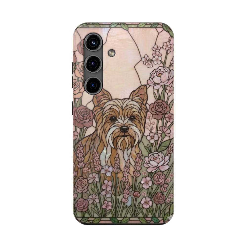 Yorkie Stained Glass Style Tough Case, Rose Garden Theme - Samsung Galaxy S24 - Phone Case