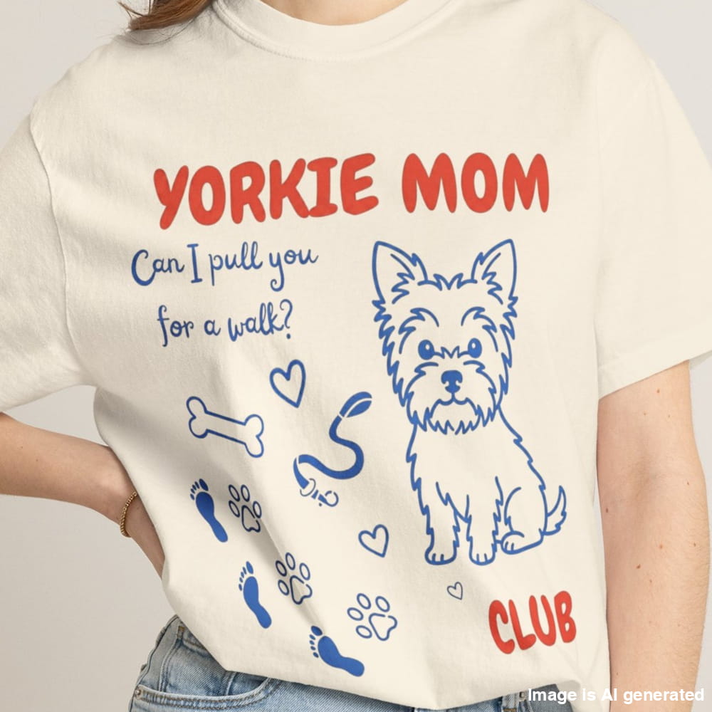 Person wearing a t-shirt with 'Yorkie Mom' design and text.
